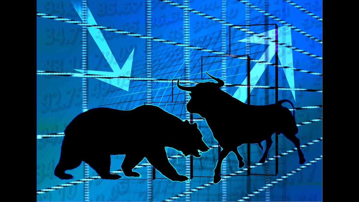 Depiction of stock market with bear and bull silhouettes on background with up and down arrows