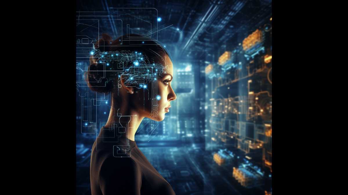 Image of woman with computer circuits overlaid on head, looking at AI technology holograms