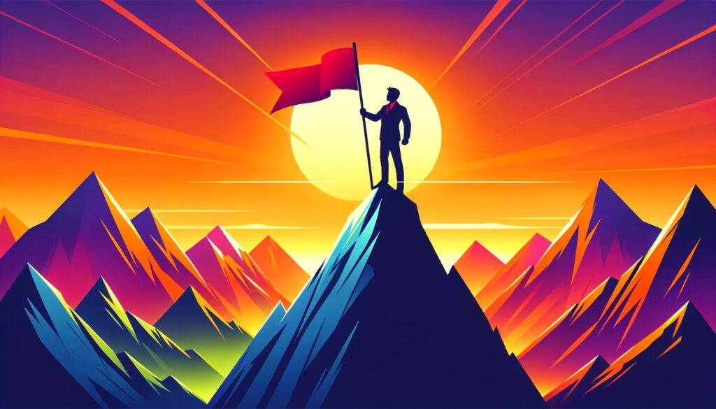 Entrepreneur silhouette standing victorious atop a vibrant mountain at sunrise, symbolizing entrepreneurial success.